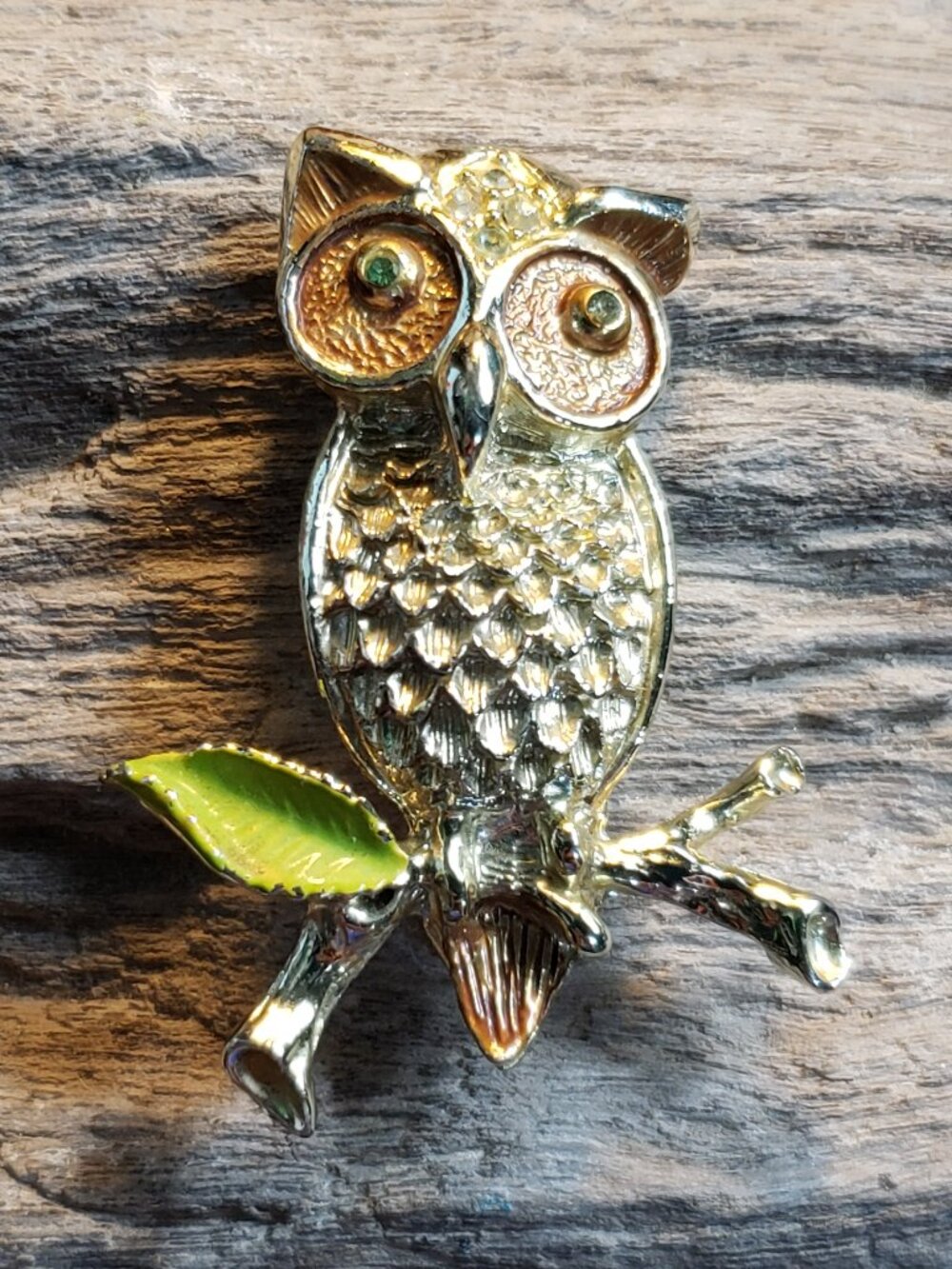 Vintage BSK Green Eyed Owl Brooch Gold Tone Metal